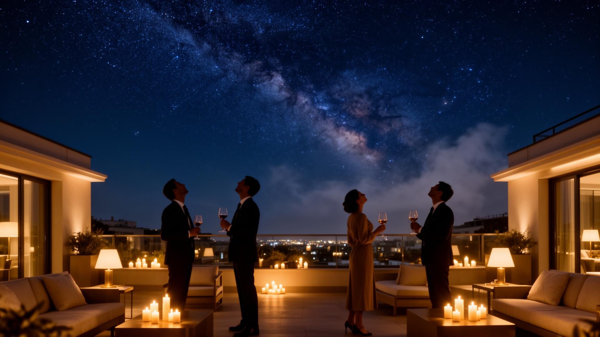KI-generierte Darstellung eines Rooftop Stargazing Abends in Wien unter klarem Sternenhimmel